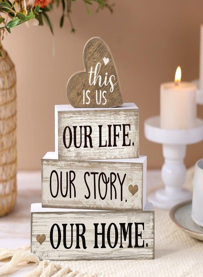 Conelist 4 Pcs Wooden Farmhouse Tabletop Decor Farmhouse Tiered Tray Decor Our Home Centerpiece Wooden Heart Rustic Decorative Block Sign for Table Kitchen Shelf Desk Decoration - Image 2